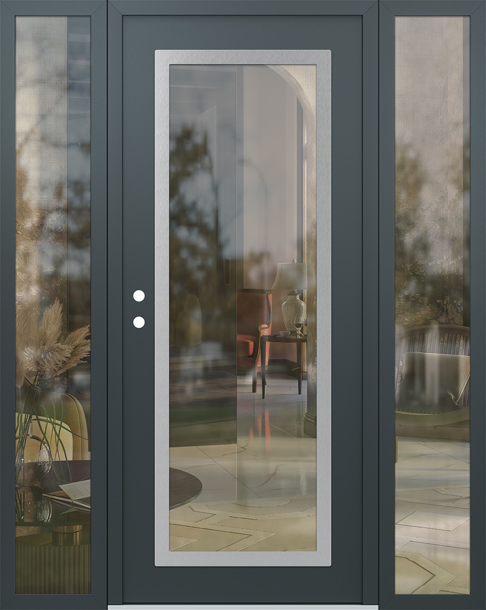 Modern Steel Front Door Diamond C1 60" x 80" anthracite/anthracite clear Glass Panel stainless steel RHI with 2 Sidelites clear Glass