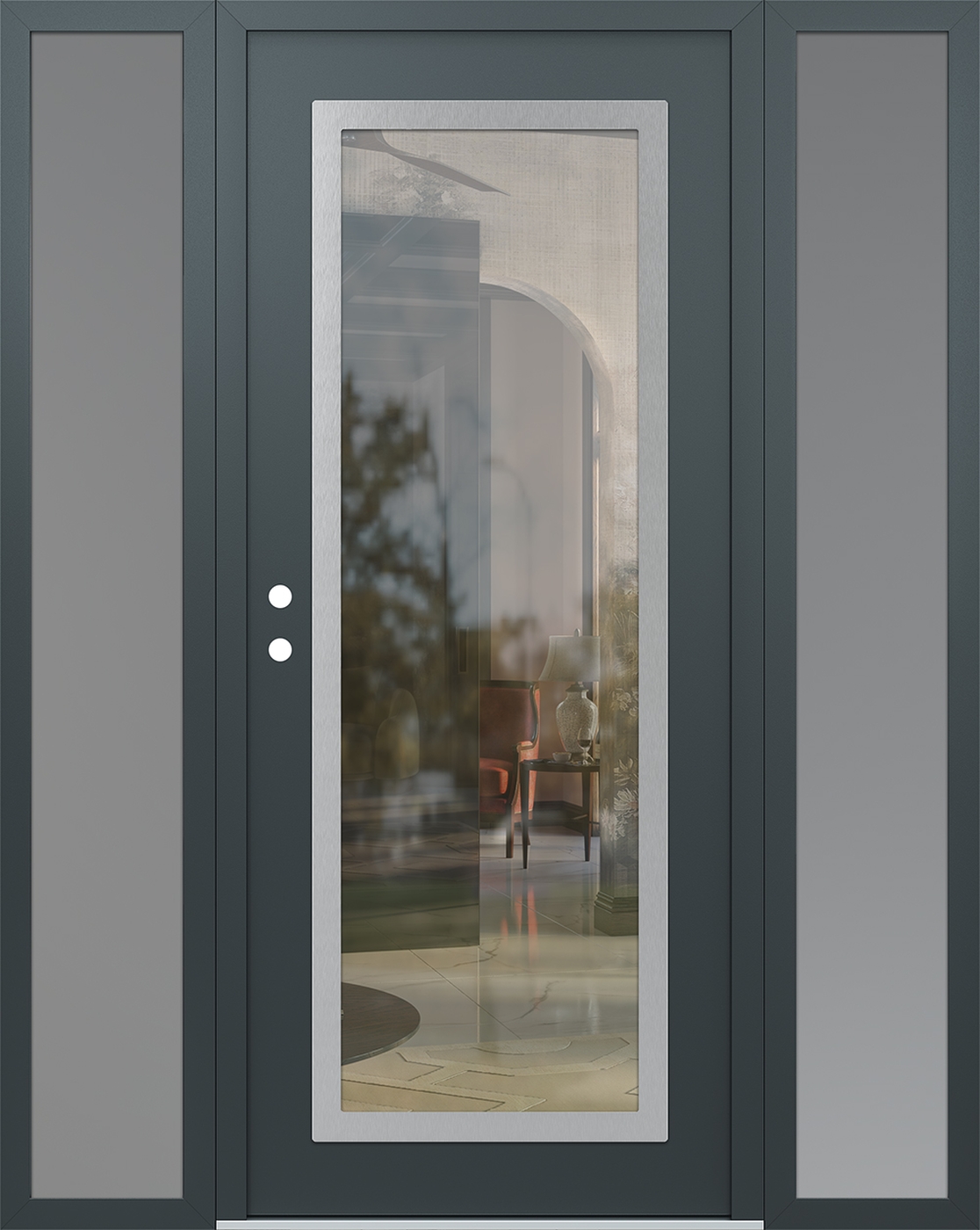 Modern Steel Front Door Diamond C1 60" x 80" anthracite/anthracite clear Glass Panel stainless steel RHI with 2 Sidelites frosted Glass