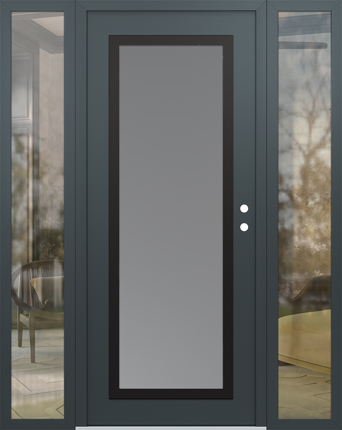 Modern Steel Front Door Diamond C1 60" x 80" anthracite/anthracite frosted Glass Panel black LHI with 2 Sidelites clear Glass