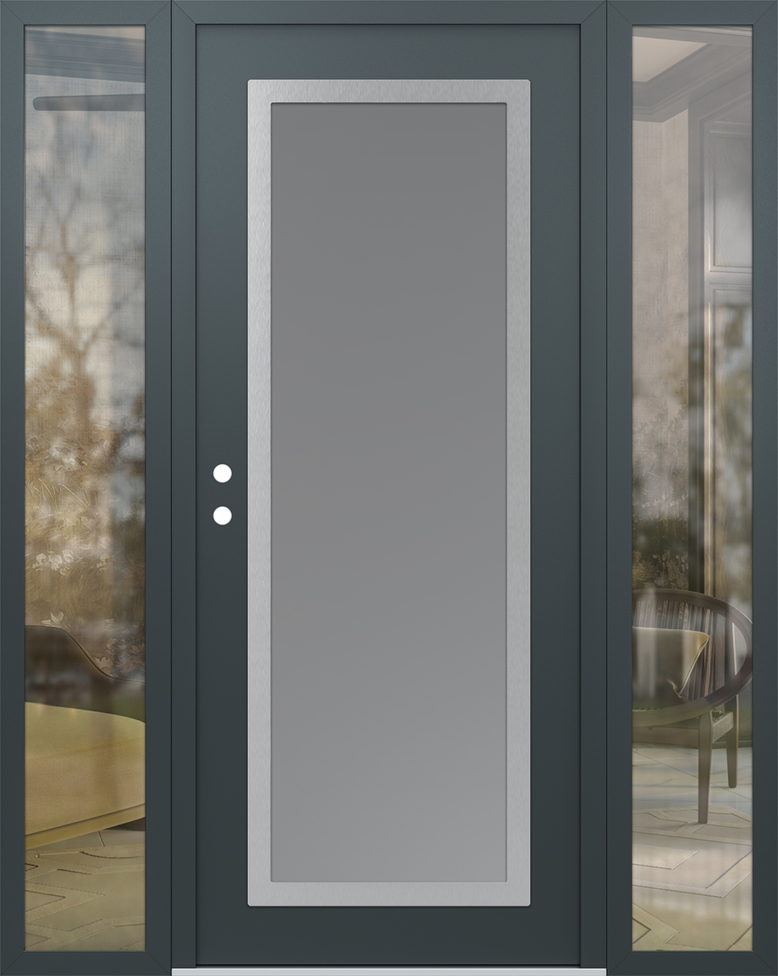 Modern Steel Front Door Diamond C1 60" x 80" anthracite/anthracite frosted Glass Panel stainless steel RHI with 2 Sidelites clear Glass
