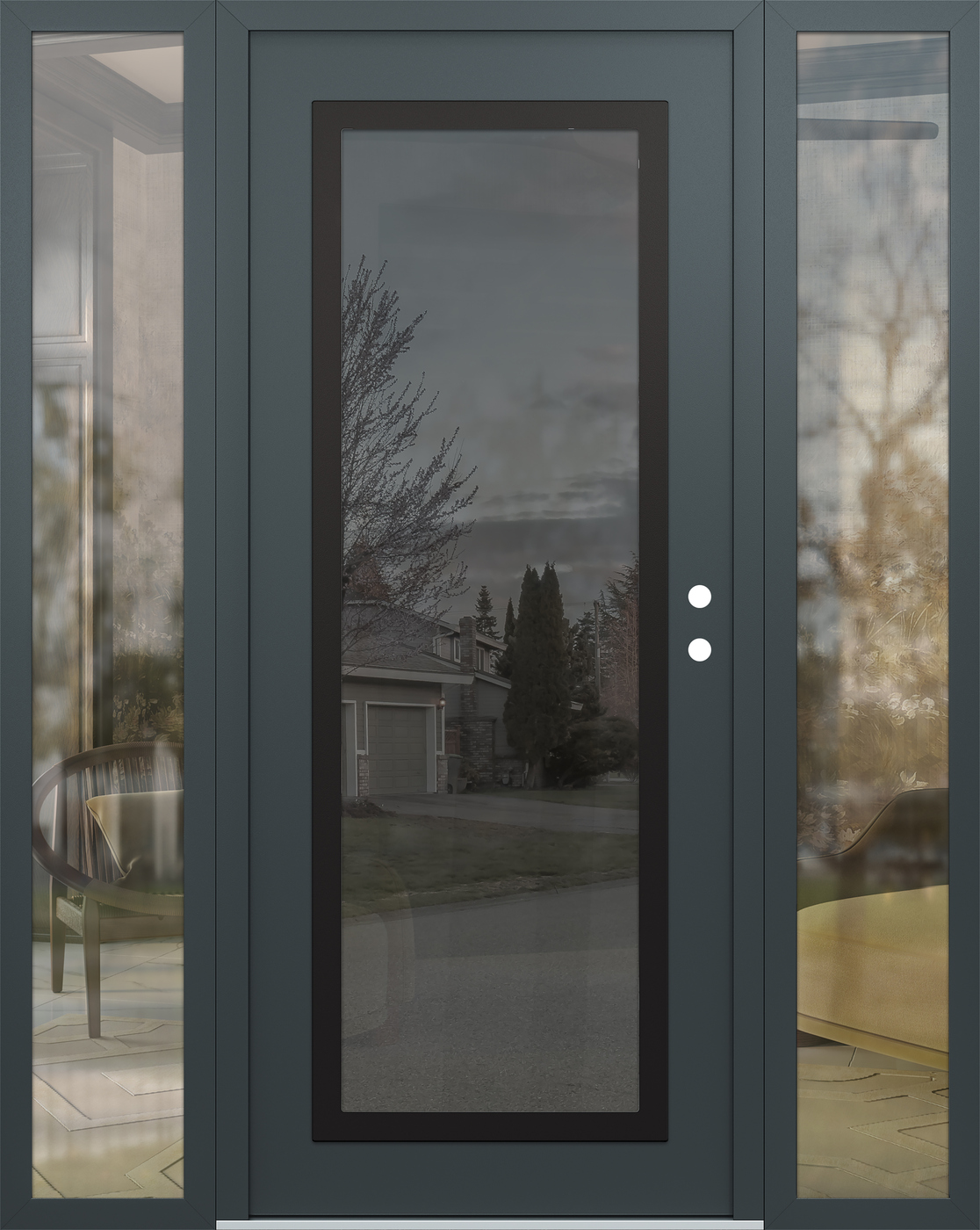 Modern Steel Front Door Diamond C1 60" x 80" anthracite/anthracite mirrored Glass Panel black LHI with 2 Sidelites clear Glass