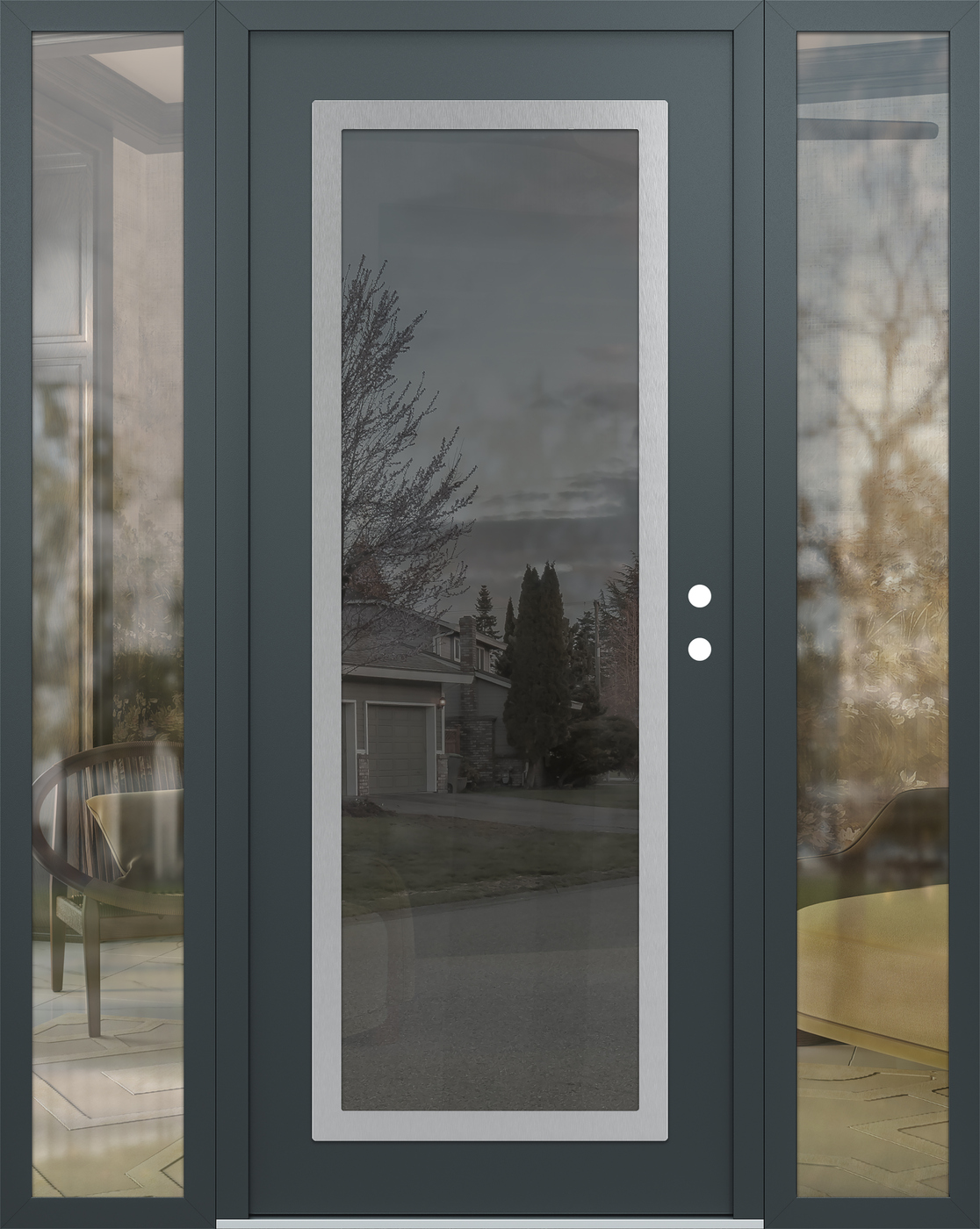 Modern Steel Front Door Diamond C1 60" x 80" anthracite/anthracite mirrored Glass Panel stainless steel LHI with 2 Sidelites clear Glass