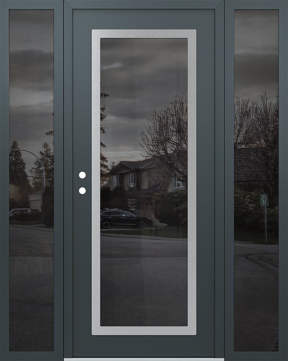 Modern Steel Front Door Diamond C1 60" x 80" anthracite/anthracite mirrored Glass Panel stainless steel RHI with 2 Sidelites mirrored Glass