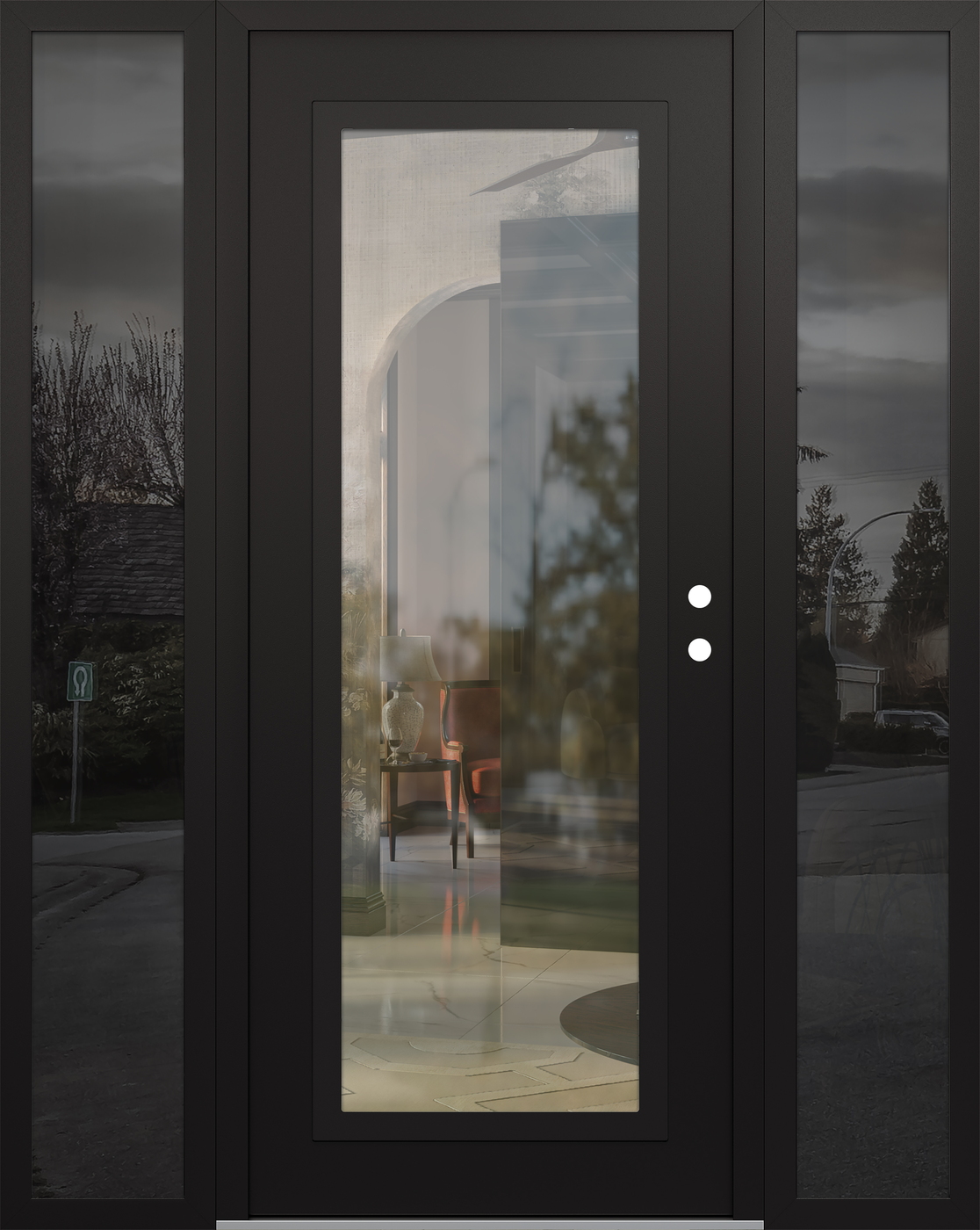 Modern Steel Front Door Diamond C1 60" x 80" black/black clear Glass Panel black LHI with 2 Sidelites mirrored Glass