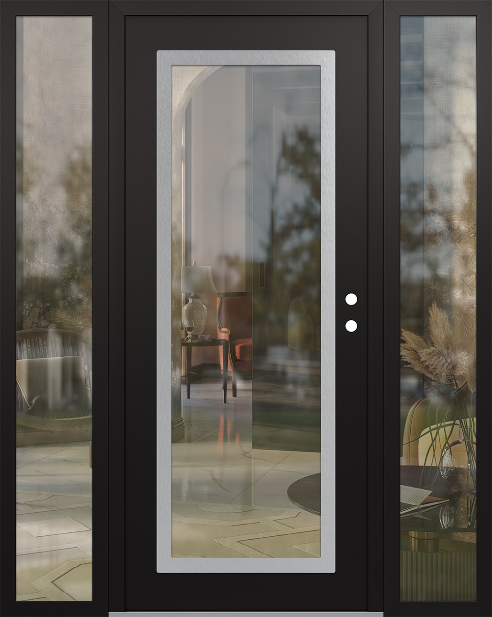 Modern Steel Front Door Diamond C1 60" x 80" black/black clear Glass Panel stainless steel LHI with 2 Sidelites clear Glass