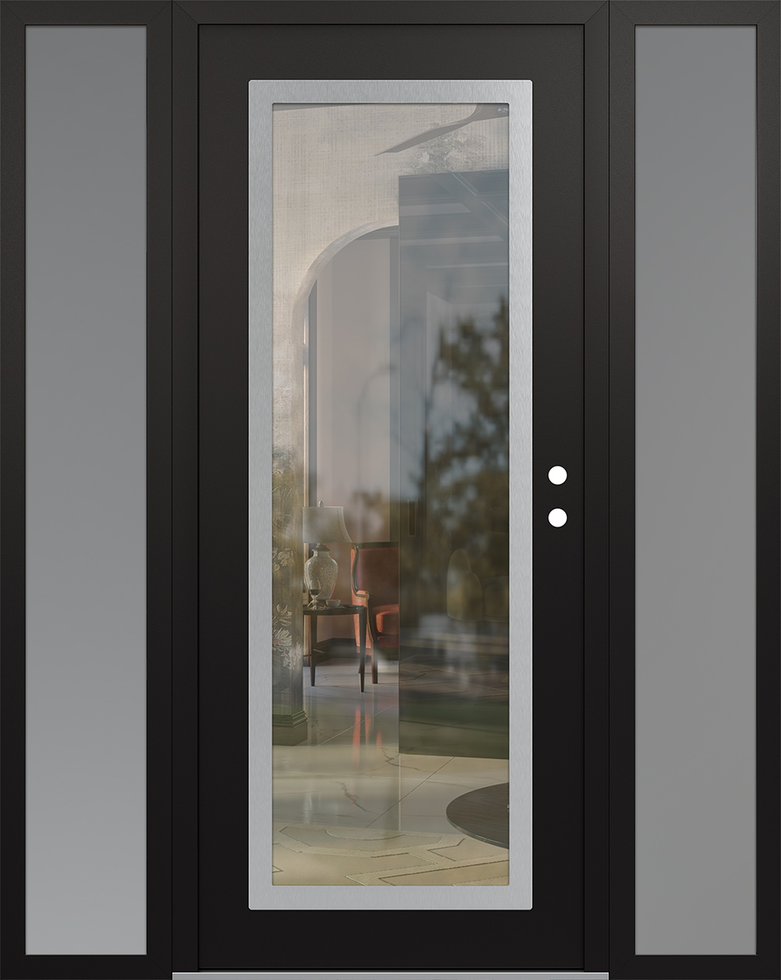 Modern Steel Front Door Diamond C1 60" x 80" black/black clear Glass Panel stainless steel LHI with 2 Sidelites frosted Glass