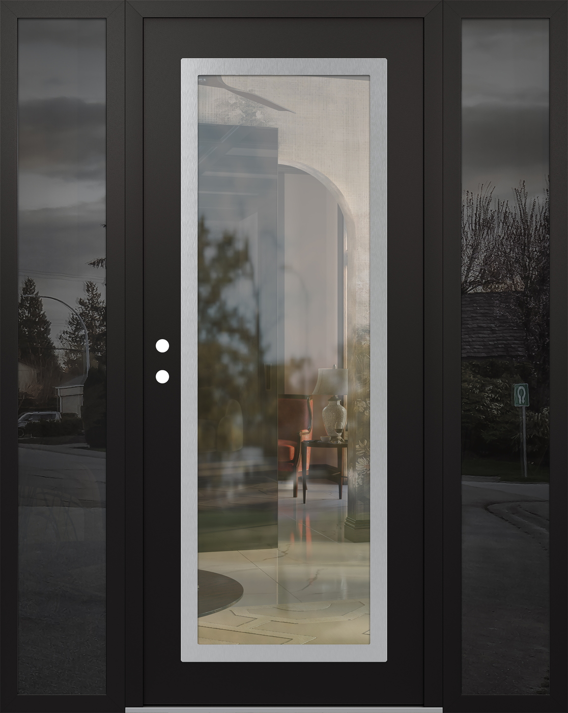 Modern Steel Front Door Diamond C1 60" x 80" black/black clear Glass Panel stainless steel RHI with 2 Sidelites mirrored Glass