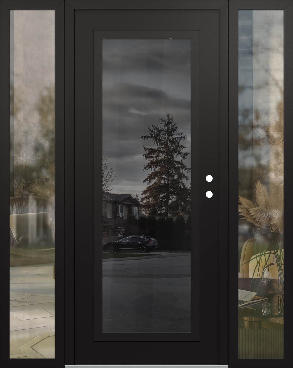 Modern Steel Front Door Diamond C1 60" x 80" black/black mirrored Glass Panel black LHI with 2 Sidelites clear Glass