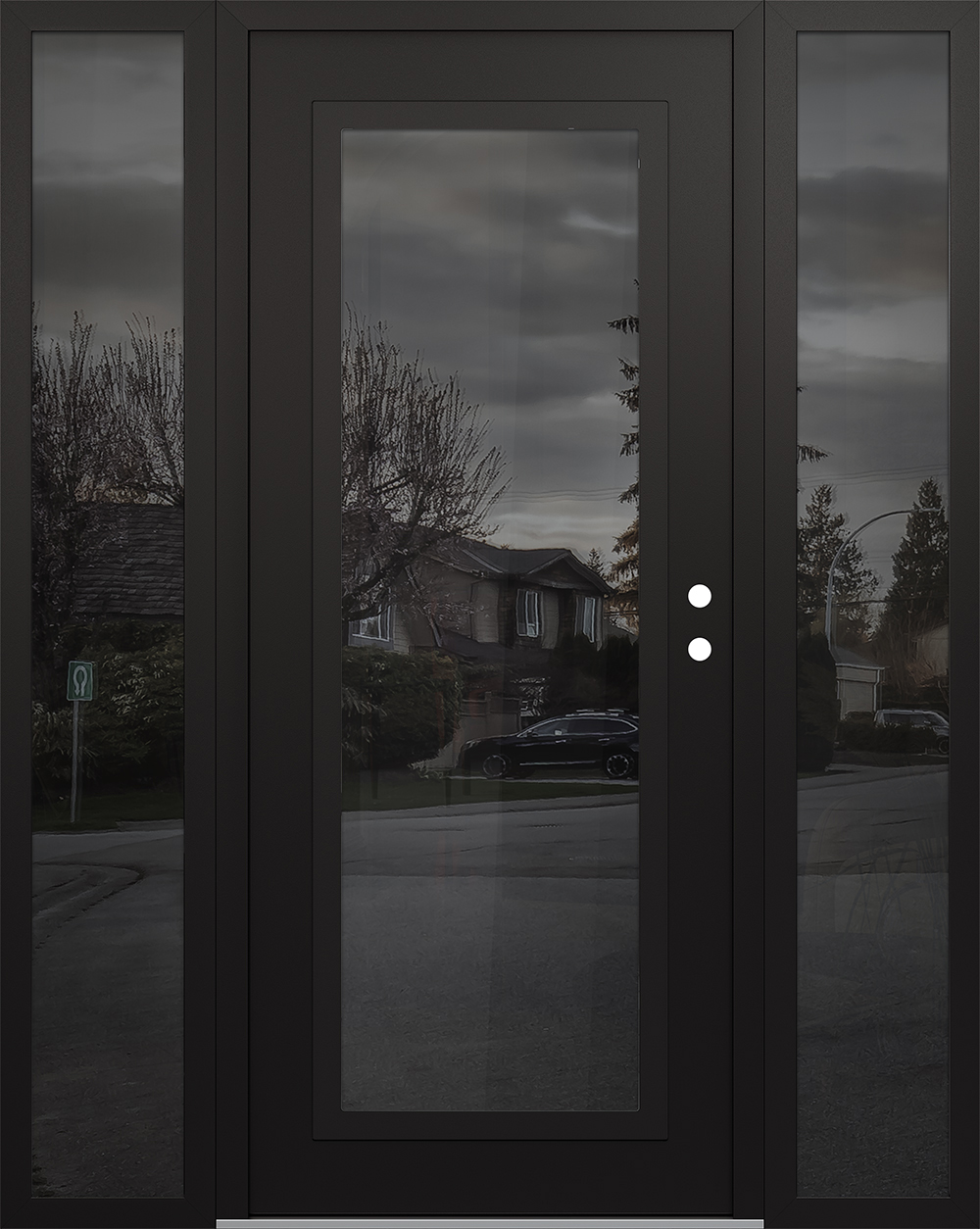 Modern Steel Front Door Diamond C1 60" x 80" black/black mirrored Glass Panel black LHI with 2 Sidelites mirrored Glass