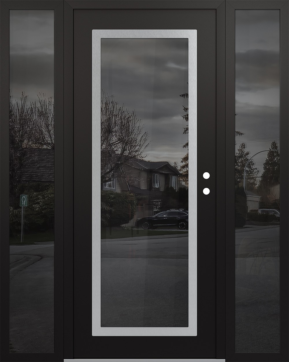 Modern Steel Front Door Diamond C1 60" x 80" black/black mirrored Glass Panel stainless steel LHI with 2 Sidelites mirrored Glass