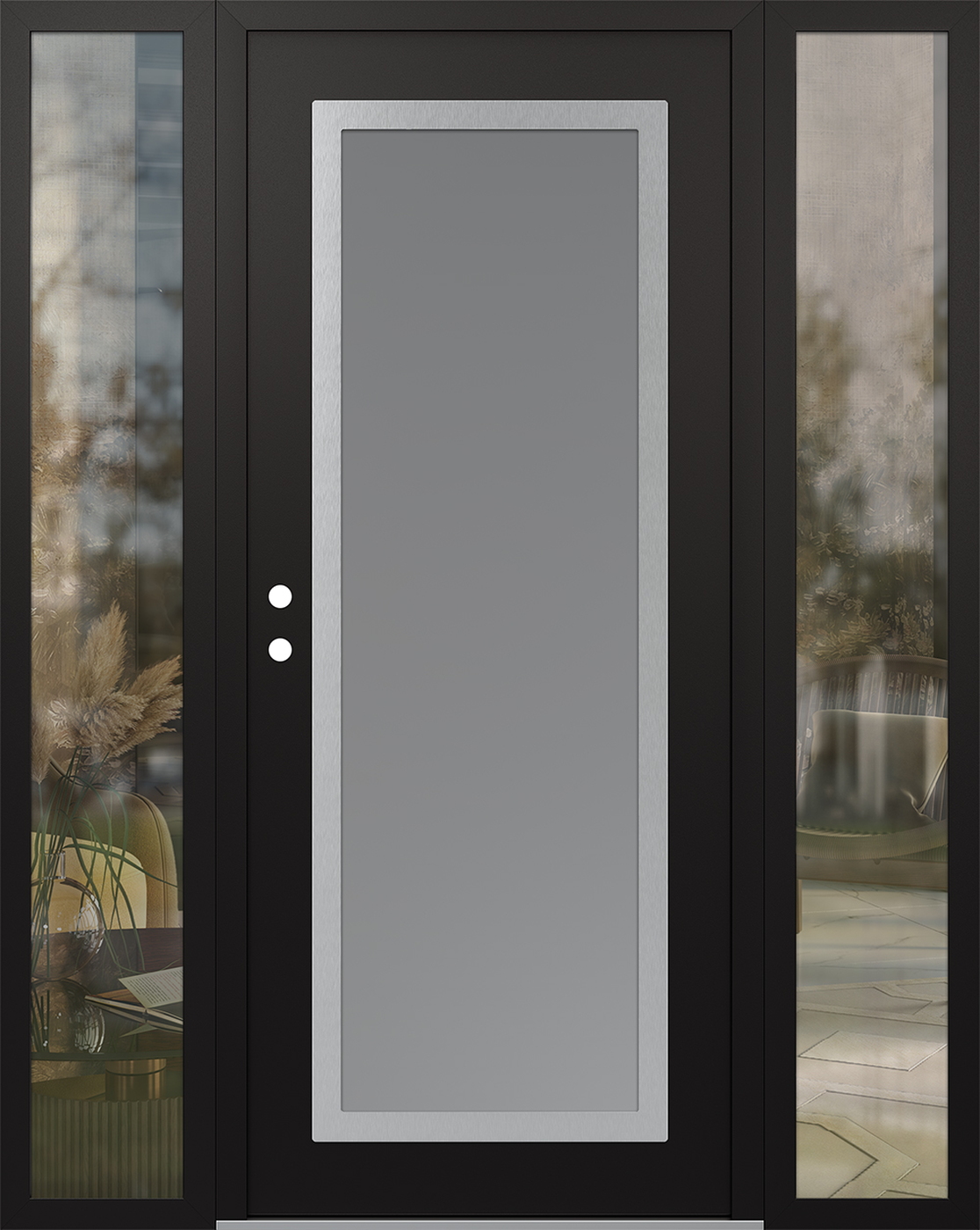 Modern Steel Front Door Diamond C1 60" x 80" black/white frosted Glass Panel stainless steel RHI with 2 Sidelites clear Glass