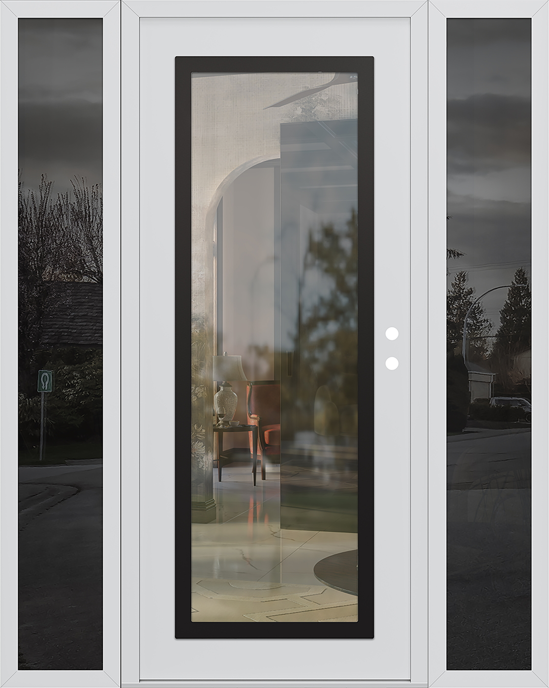 Modern Steel Front Door Diamond C1 60" x 80" white/white clear Glass Panel black LHI with 2 Sidelites mirrored Glass