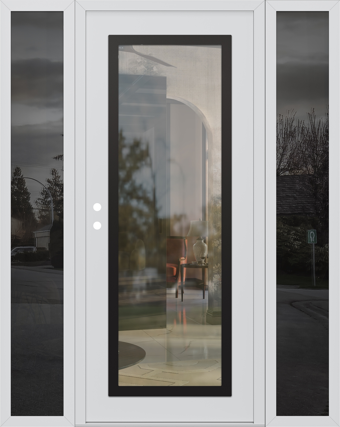 Modern Steel Front Door Diamond C1 60" x 80" white/white clear Glass Panel black RHI with 2 Sidelites mirrored Glass