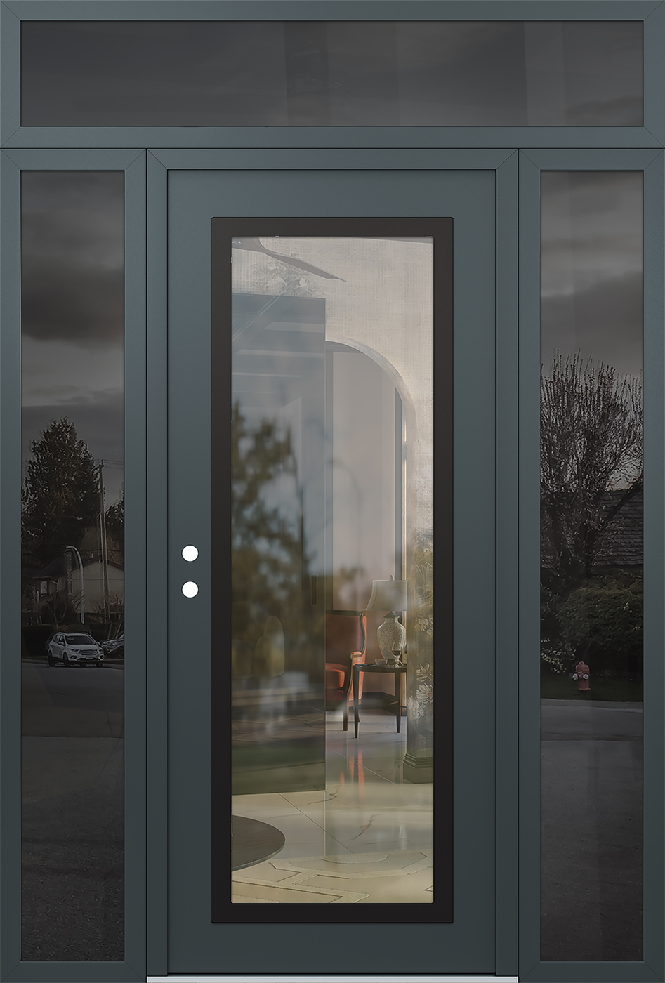 Modern Steel Front Door Diamond C1 60" x 96" anthracite/anthracite clear Glass Panel black RHI with 2 Sidelites and Transom mirrored Glass