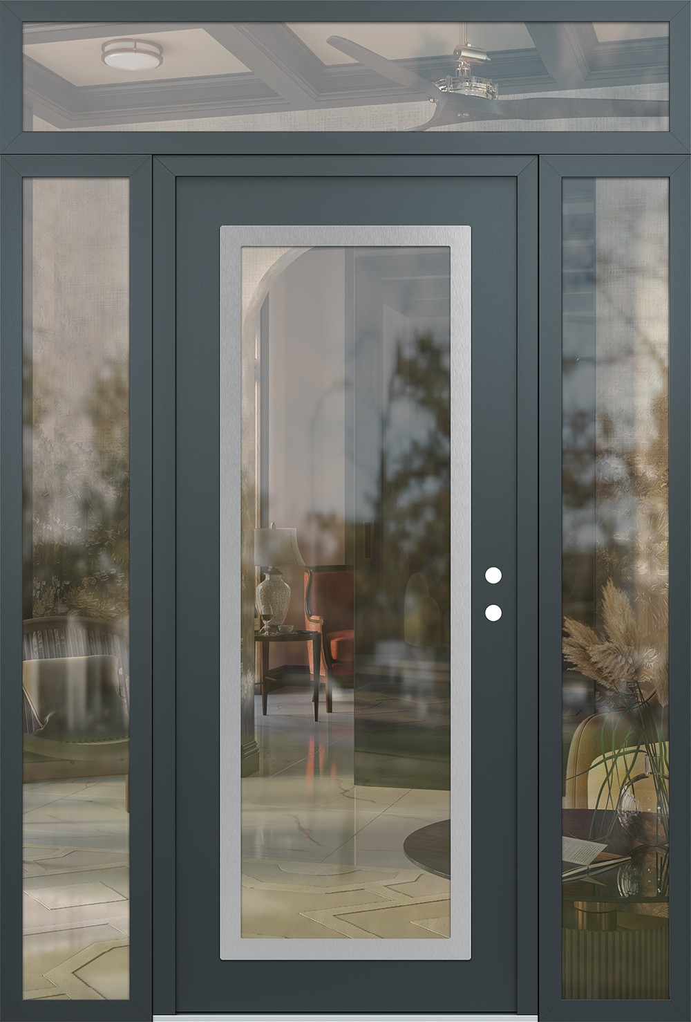 Modern Steel Front Door Diamond C1 60" x 96" anthracite/anthracite clear Glass Panel stainless steel LHI with 2 Sidelites and Transom clear Glass