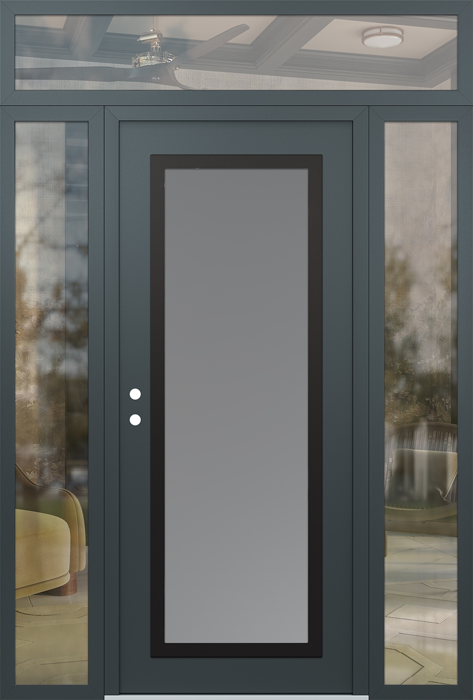 Modern Steel Front Door Diamond C1 60" x 96" anthracite/anthracite frosted Glass Panel black RHI with 2 Sidelites and Transom clear Glass