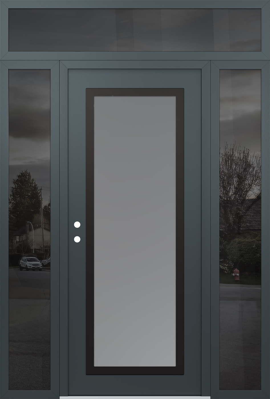 Modern Steel Front Door Diamond C1 60" x 96" anthracite/anthracite frosted Glass Panel black RHI with 2 Sidelites and Transom mirrored Glass