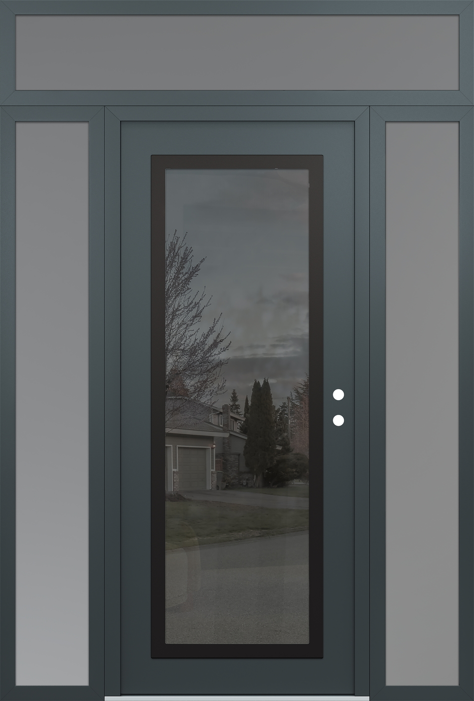 Modern Steel Front Door Diamond C1 60" x 96" anthracite/anthracite mirrored Glass Panel black LHI with 2 Sidelites and Transom frosted Glass
