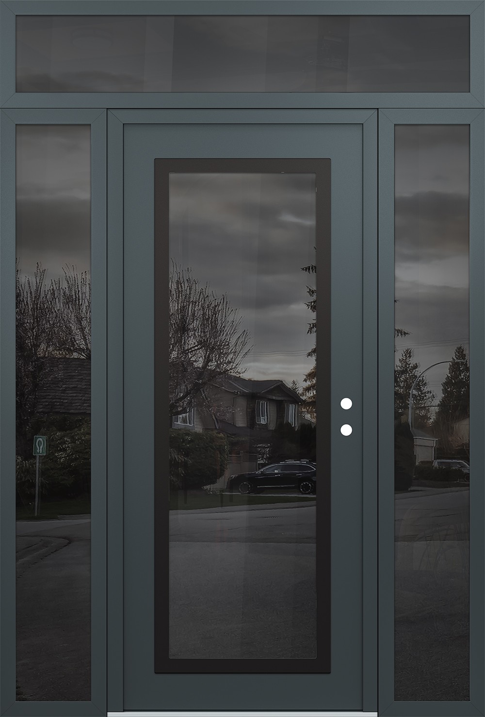 Modern Steel Front Door Diamond C1 60" x 96" anthracite/anthracite mirrored Glass Panel black LHI with 2 Sidelites and Transom mirrored Glass