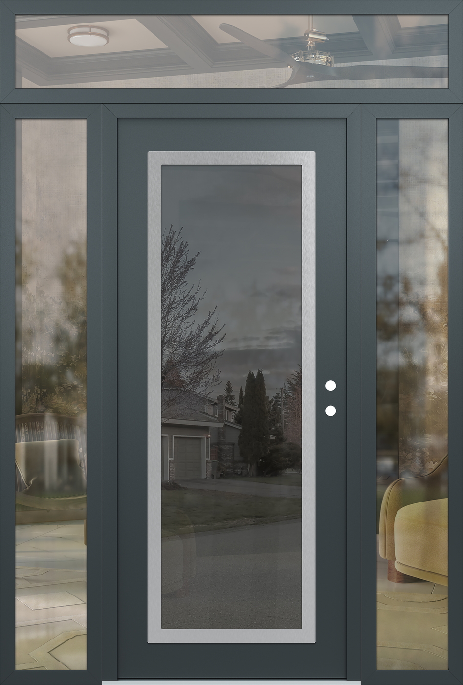 Modern Steel Front Door Diamond C1 60" x 96" anthracite/anthracite mirrored Glass Panel stainless steel LHI with 2 Sidelites and Transom clear Glass