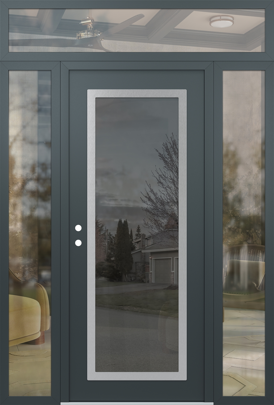 Modern Steel Front Door Diamond C1 60" x 96" anthracite/anthracite mirrored Glass Panel stainless steel RHI with 2 Sidelites and Transom clear Glass