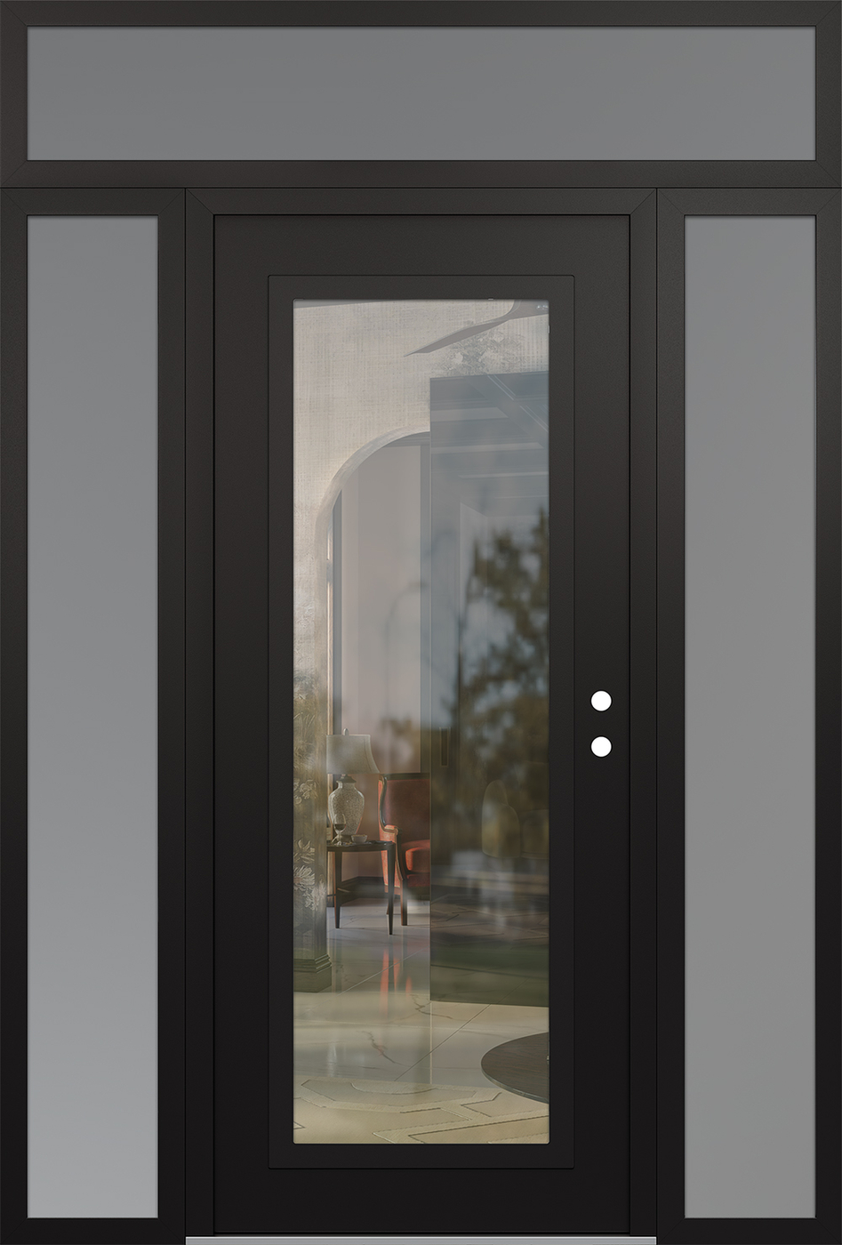Modern Steel Front Door Diamond C1 60" x 96" black/black clear Glass Panel black LHI with 2 Sidelites and Transom frosted Glass