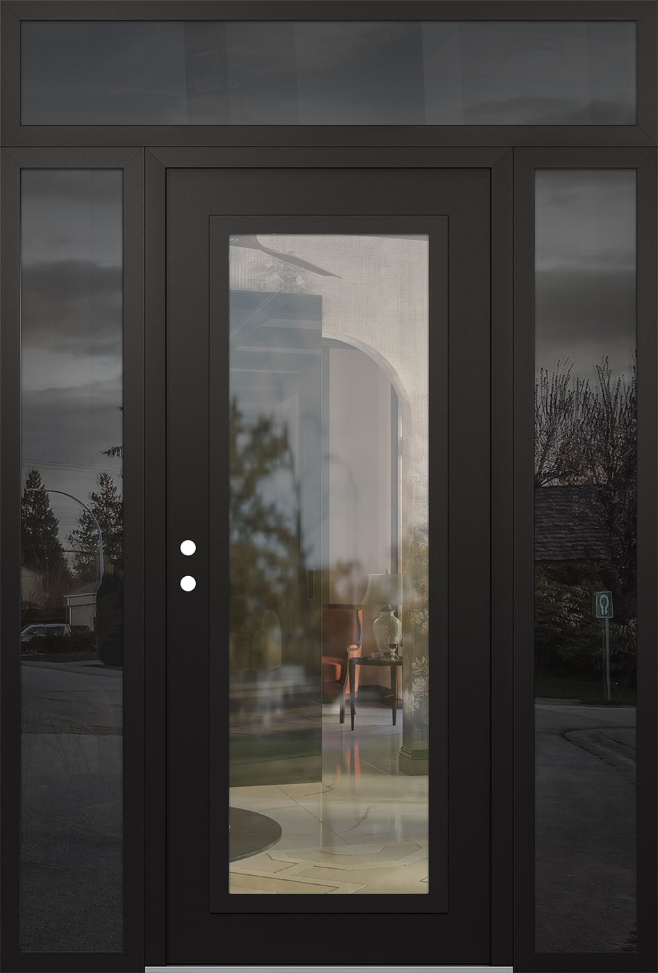 Modern Steel Front Door Diamond C1 60" x 96" black/black clear Glass Panel black RHI with 2 Sidelites and Transom mirrored Glass
