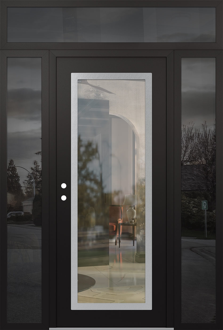 Modern Steel Front Door Diamond C1 60" x 96" black/black clear Glass Panel stainless steel RHI with 2 Sidelites and Transom mirrored Glass