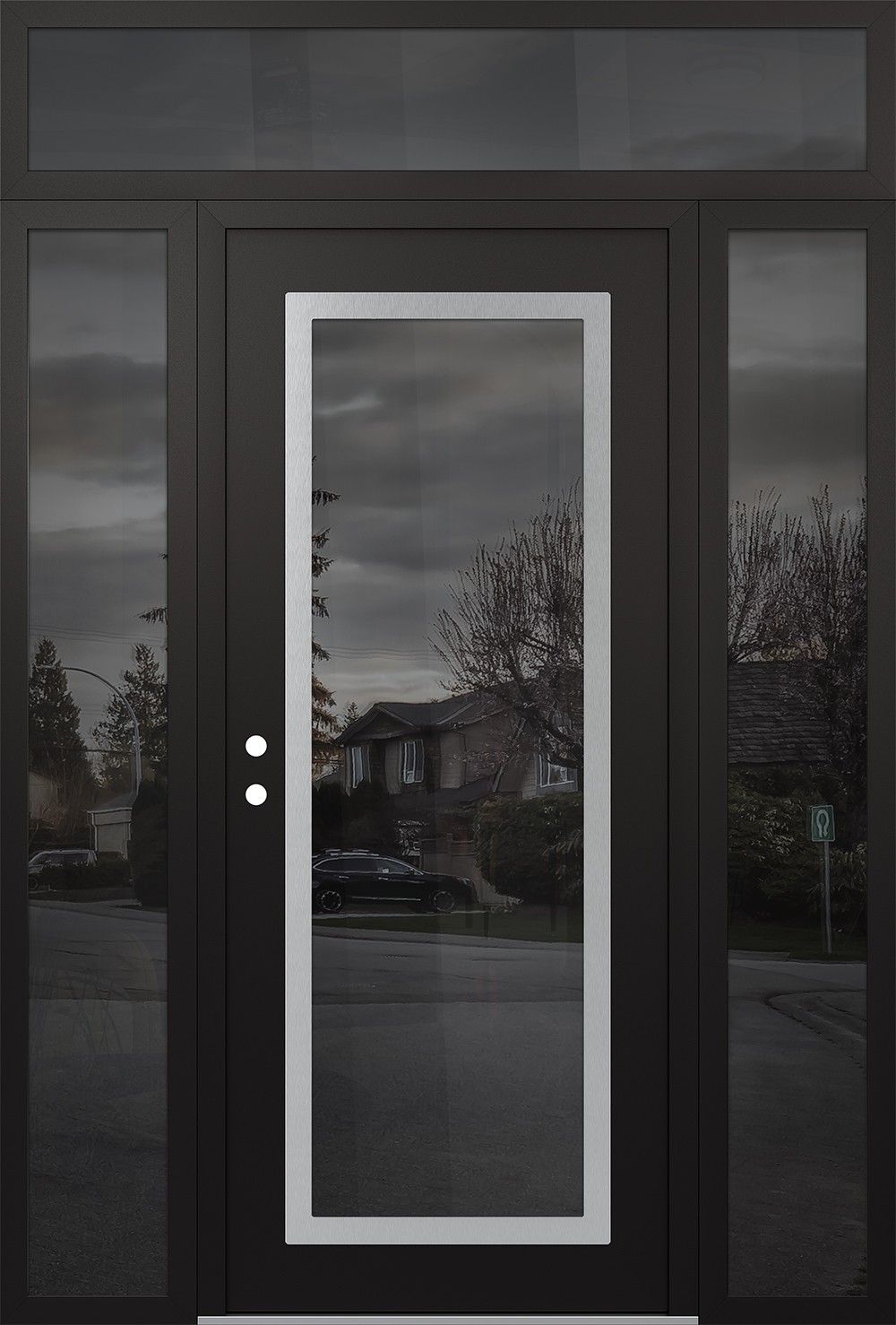 Modern Steel Front Door Diamond C1 60" x 96" black/black mirrored Glass Panel stainless steel RHI with 2 Sidelites and Transom mirrored Glass