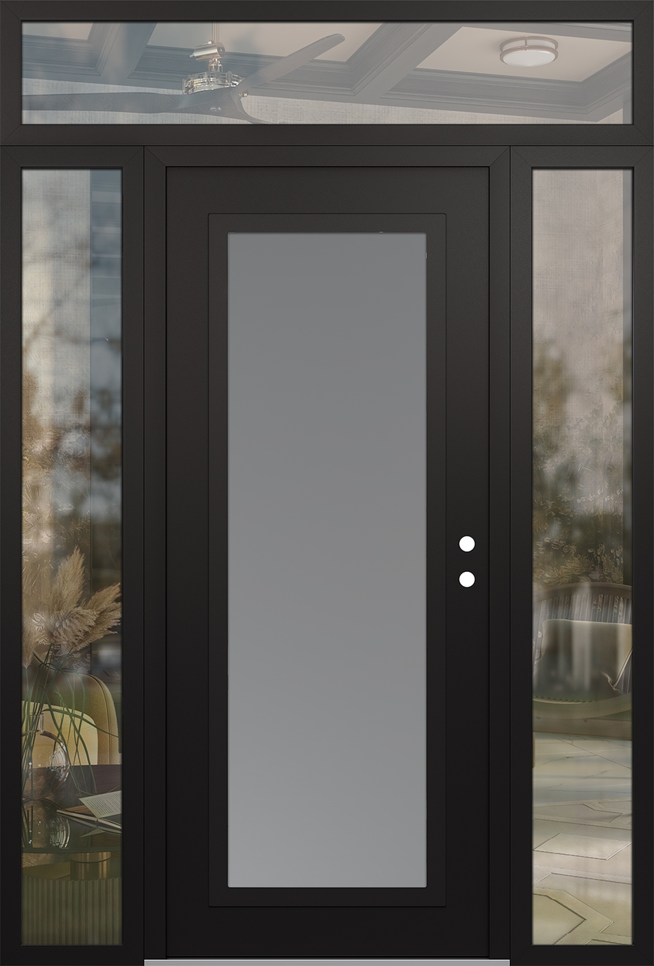 Modern Steel Front Door Diamond C1 60" x 96" black/white frosted Glass Panel black LHI with 2 Sidelites and Transom clear Glass