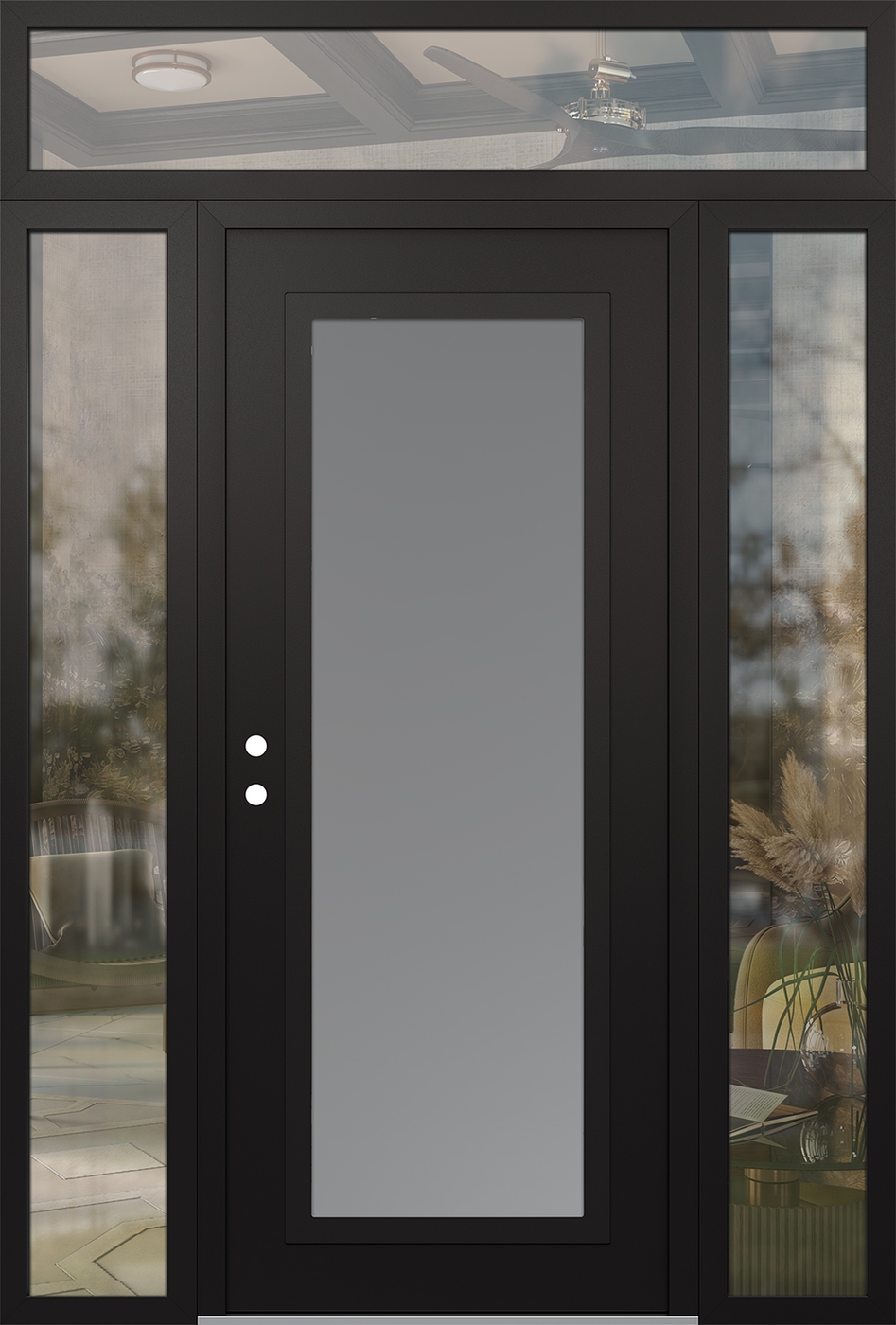 Modern Steel Front Door Diamond C1 60" x 96" black/white frosted Glass Panel black RHI with 2 Sidelites and Transom clear Glass