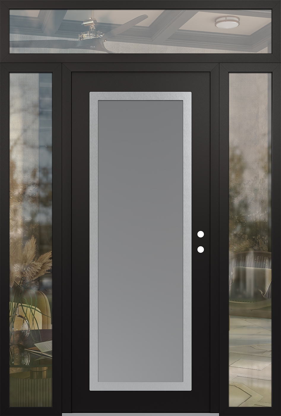 Modern Steel Front Door Diamond C1 60" x 96" black/white frosted Glass Panel stainless steel LHI with 2 Sidelites and Transom clear Glass