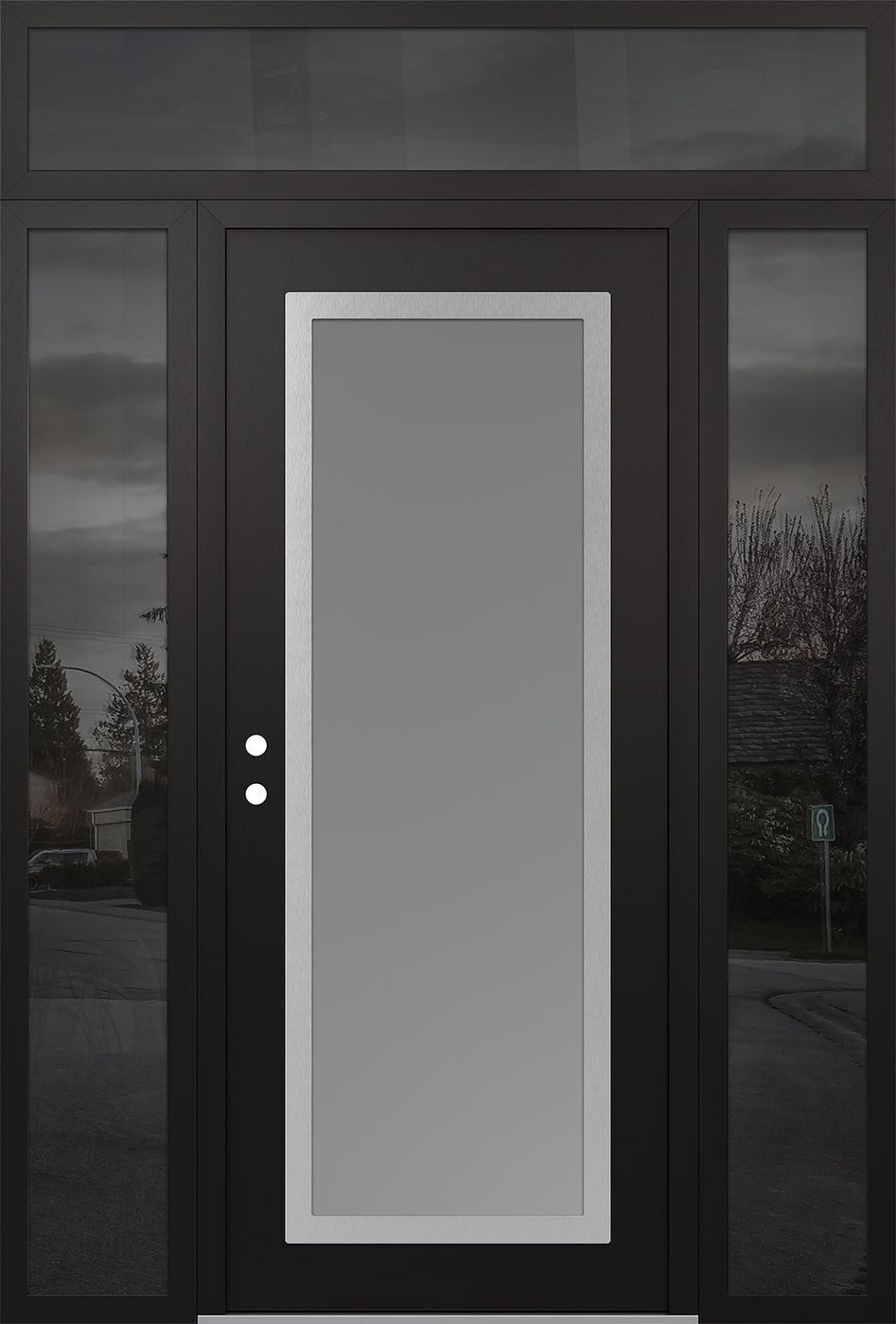 Modern Steel Front Door Diamond C1 60" x 96" black/white frosted Glass Panel stainless steel RHI with 2 Sidelites and Transom mirrored Glass