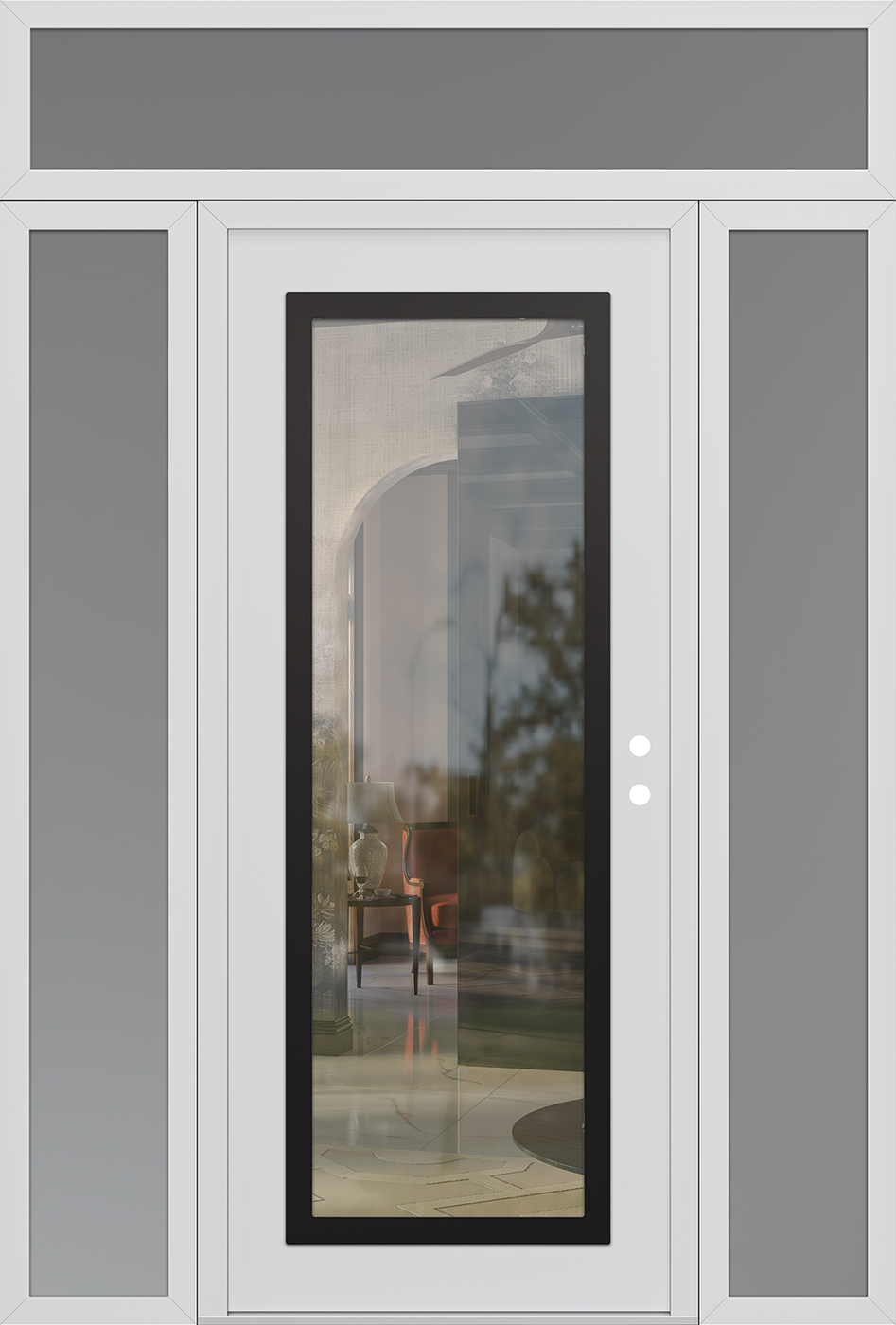 Modern Steel Front Door Diamond C1 60" x 96" white/white clear Glass Panel black LHI with 2 Sidelites and Transom frosted Glass