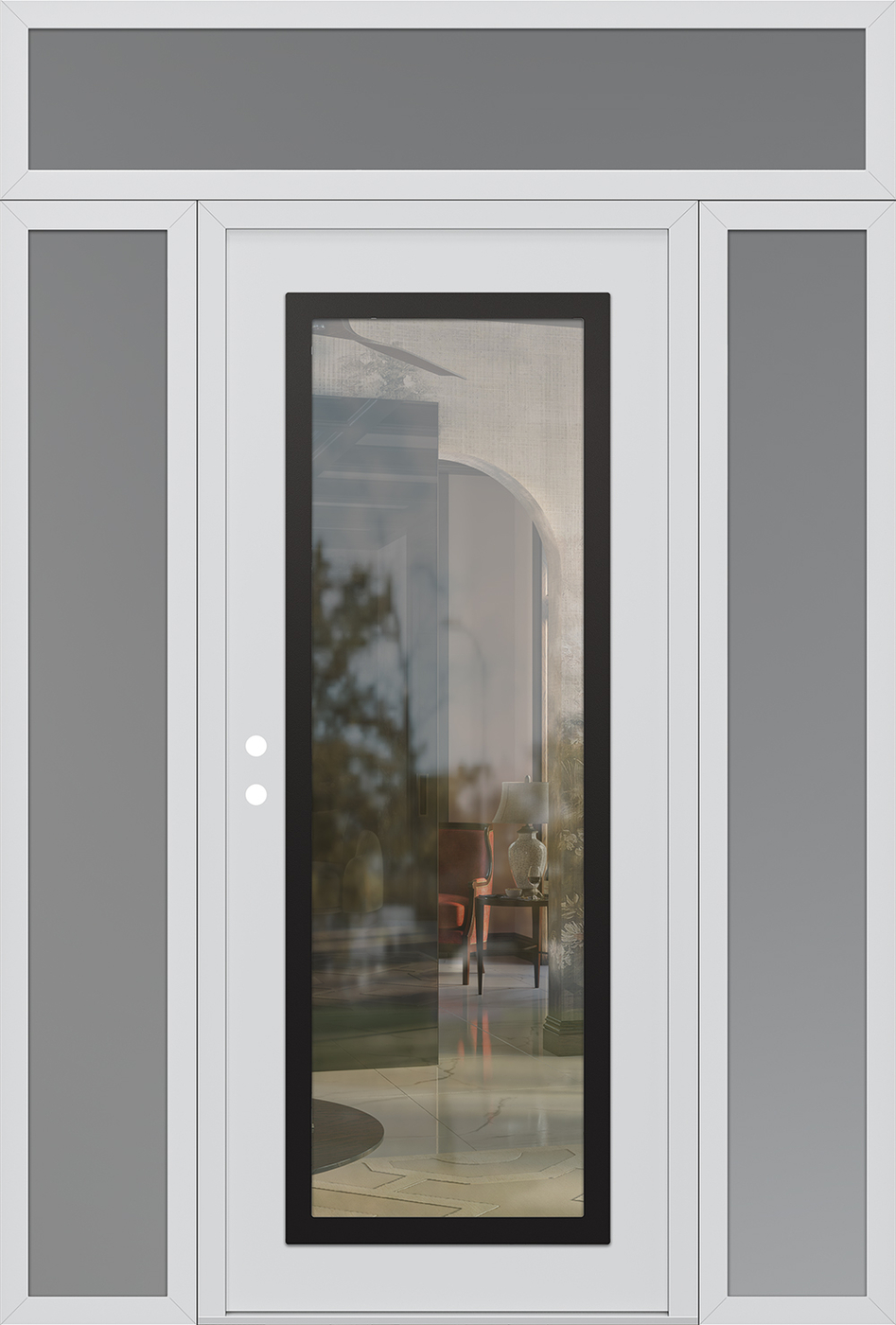 Modern Steel Front Door Diamond C1 60" x 96" white/white clear Glass Panel black RHI with 2 Sidelites and Transom frosted Glass