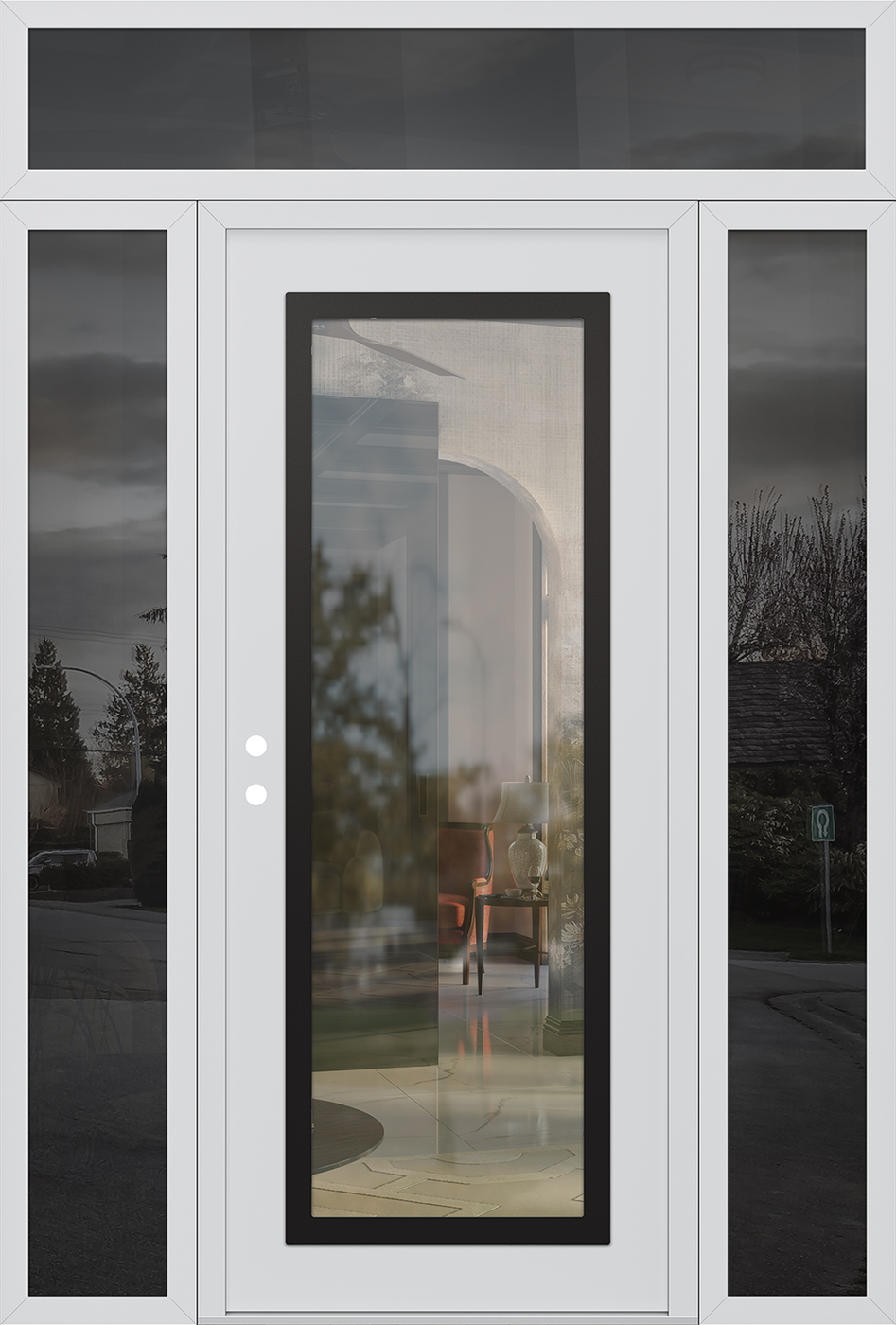 Modern Steel Front Door Diamond C1 60" x 96" white/white clear Glass Panel black RHI with 2 Sidelites and Transom mirrored Glass