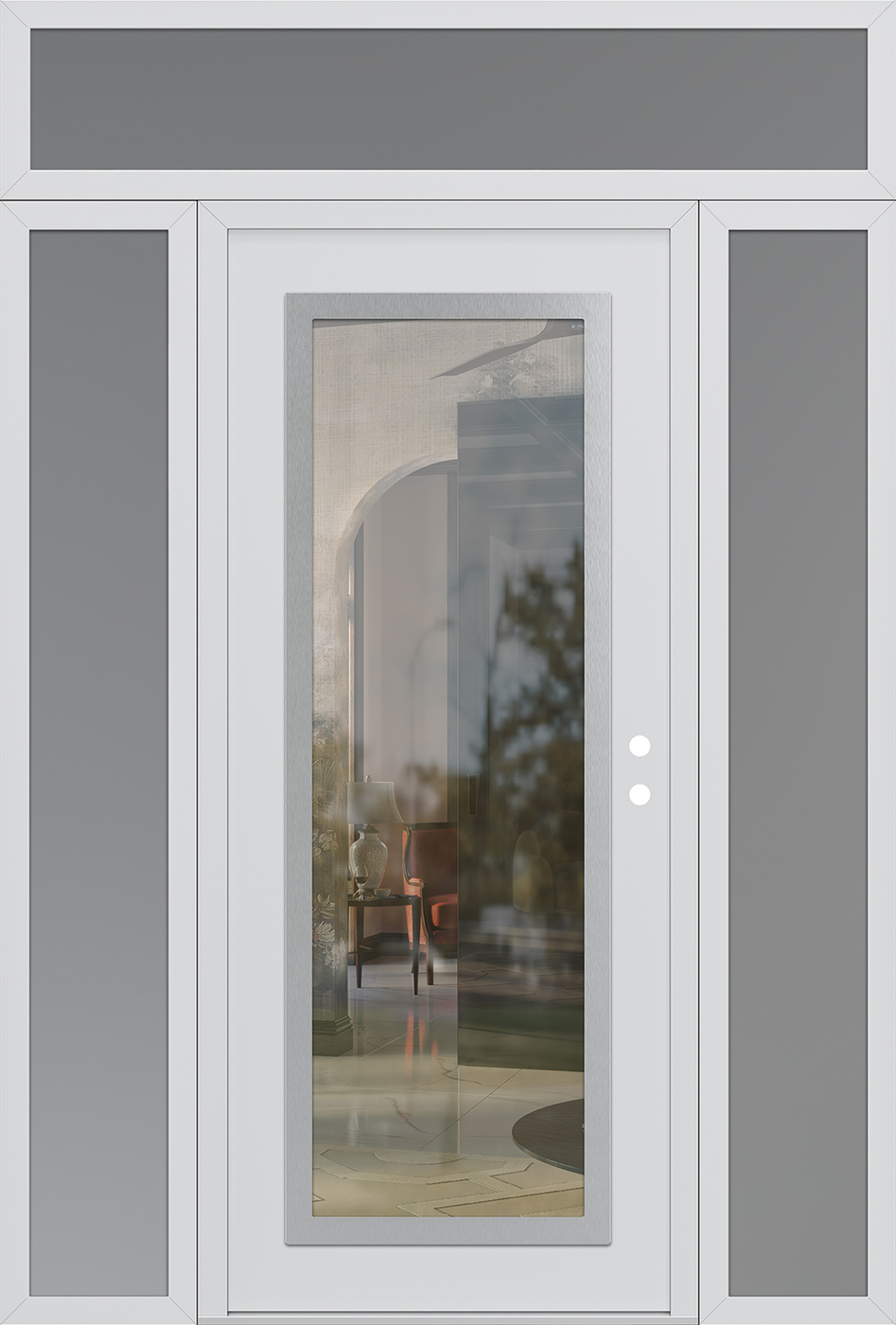 Modern Steel Front Door Diamond C1 60" x 96" white/white clear Glass Panel stainless steel LHI with 2 Sidelites and Transom frosted Glass