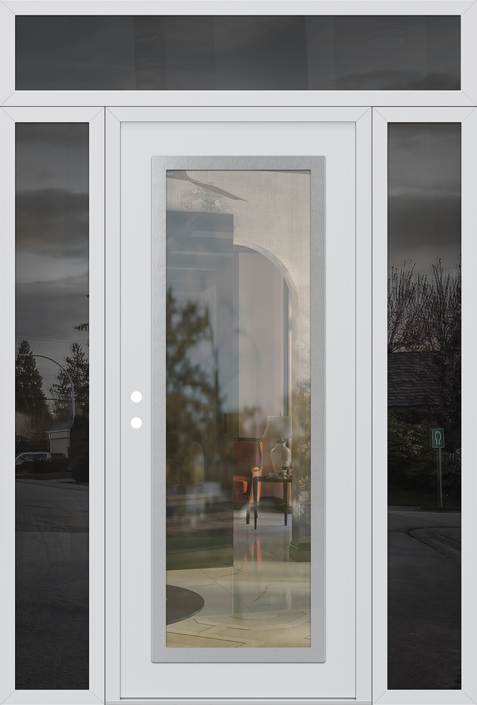 Modern Steel Front Door Diamond C1 60" x 96" white/white clear Glass Panel stainless steel RHI with 2 Sidelites and Transom mirrored Glass