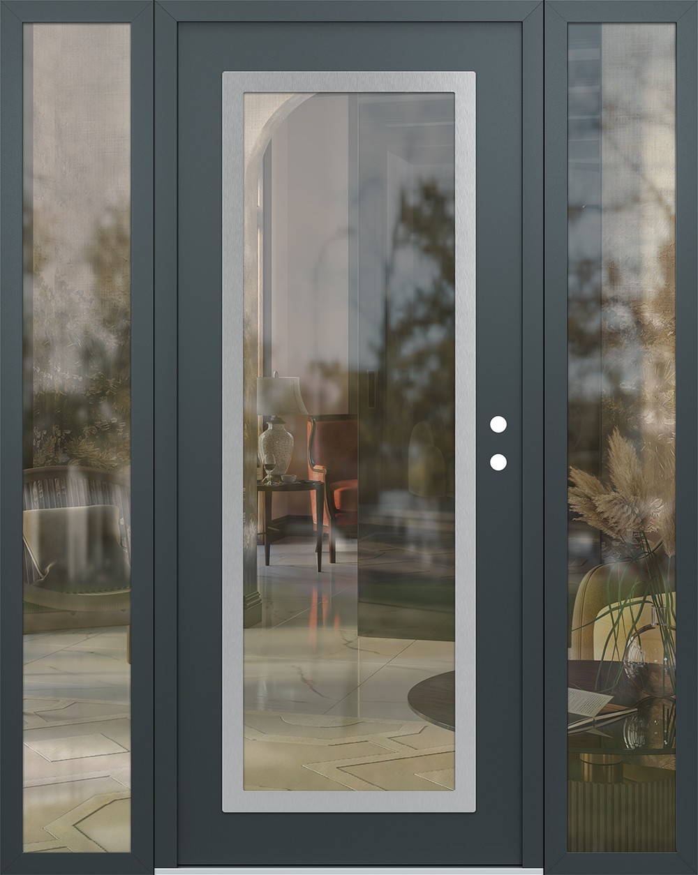 Modern Steel Front Door Diamond C1 64" x 80" anthracite/anthracite clear Glass Panel stainless steel LHI with 2 Sidelites clear Glass