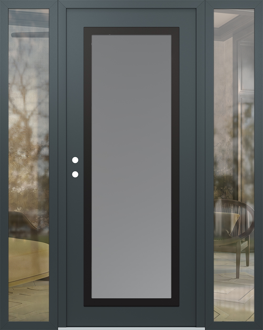 Modern Steel Front Door Diamond C1 64" x 80" anthracite/anthracite frosted Glass Panel black RHI with 2 Sidelites clear Glass