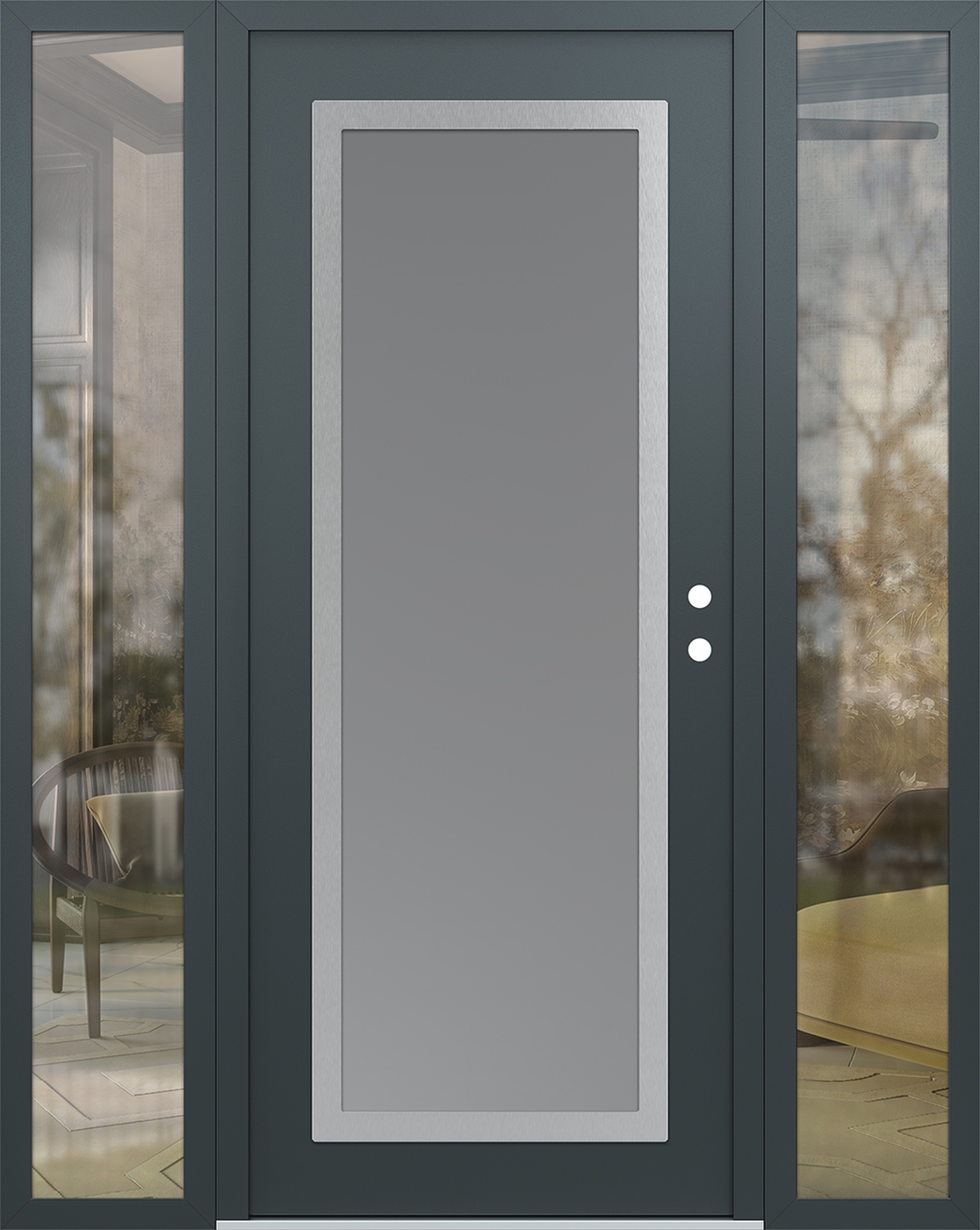 Modern Steel Front Door Diamond C1 64" x 80" anthracite/anthracite frosted Glass Panel stainless steel LHI with 2 Sidelites clear Glass