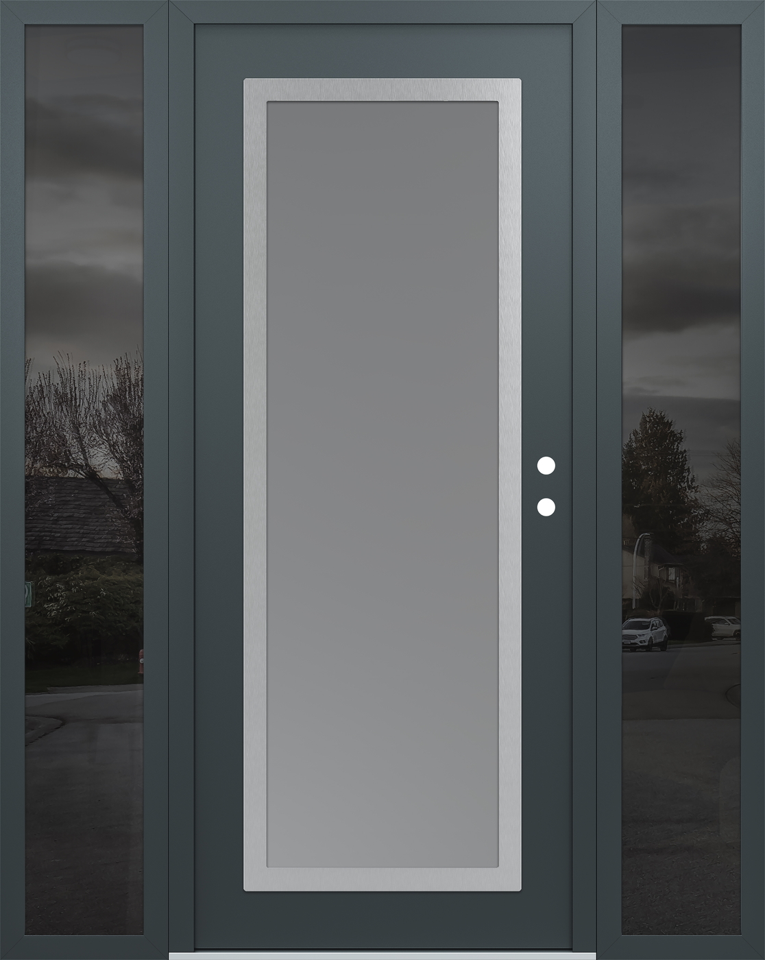 Modern Steel Front Door Diamond C1 64" x 80" anthracite/anthracite frosted Glass Panel stainless steel LHI with 2 Sidelites mirrored Glass