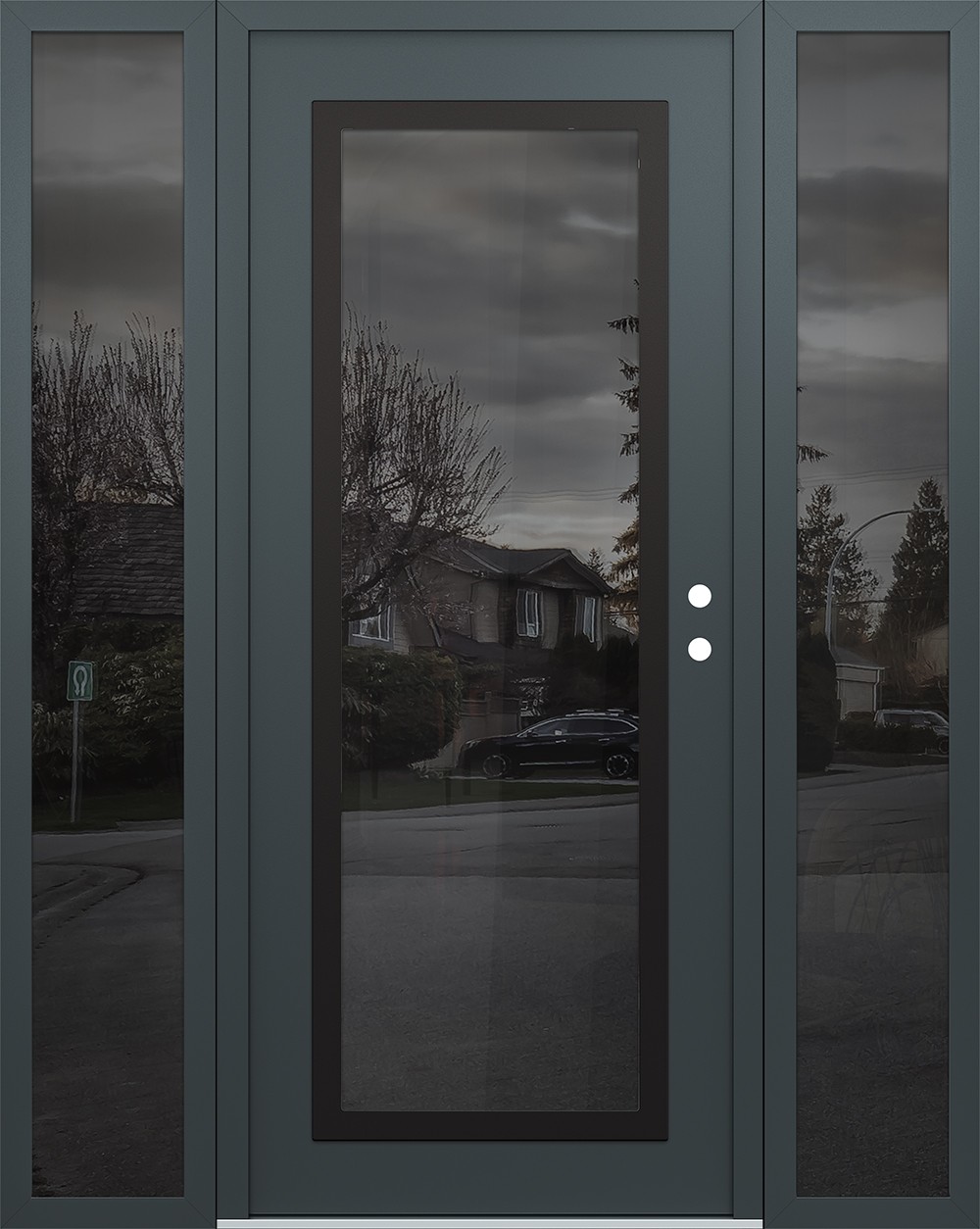 Modern Steel Front Door Diamond C1 64" x 80" anthracite/anthracite mirrored Glass Panel black LHI with 2 Sidelites mirrored Glass