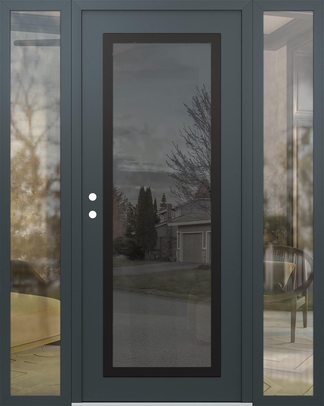 Modern Steel Front Door Diamond C1 64" x 80" anthracite/anthracite mirrored Glass Panel black RHI with 2 Sidelites clear Glass
