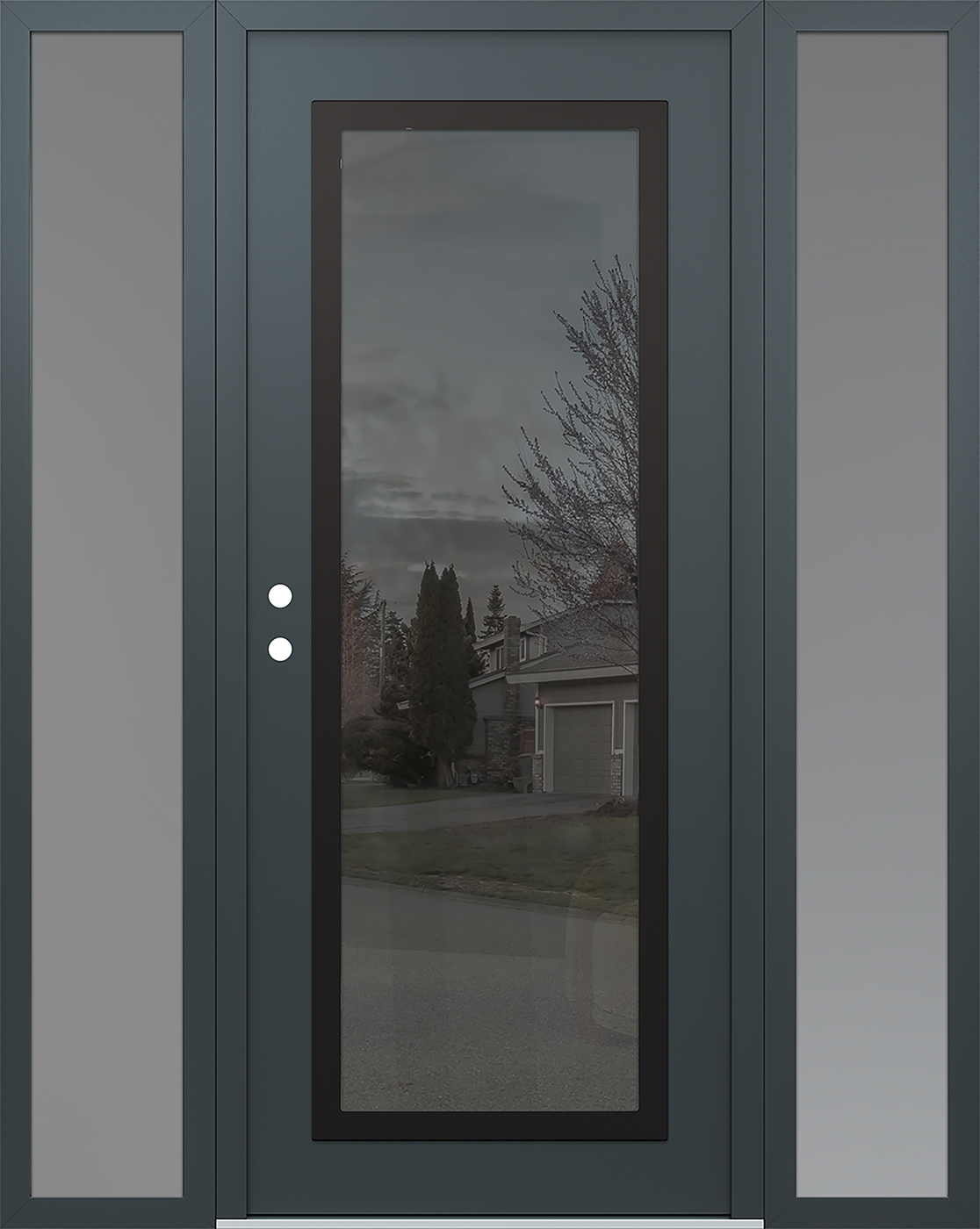 Modern Steel Front Door Diamond C1 64" x 80" anthracite/anthracite mirrored Glass Panel black RHI with 2 Sidelites frosted Glass