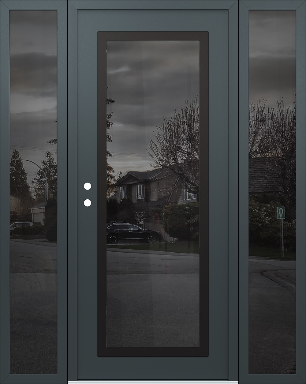 Modern Steel Front Door Diamond C1 64" x 80" anthracite/anthracite mirrored Glass Panel black RHI with 2 Sidelites mirrored Glass