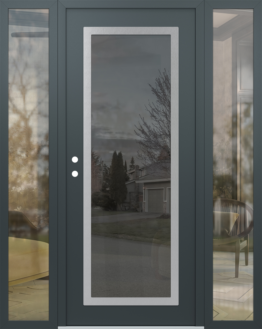 Modern Steel Front Door Diamond C1 64" x 80" anthracite/anthracite mirrored Glass Panel stainless steel RHI with 2 Sidelites clear Glass