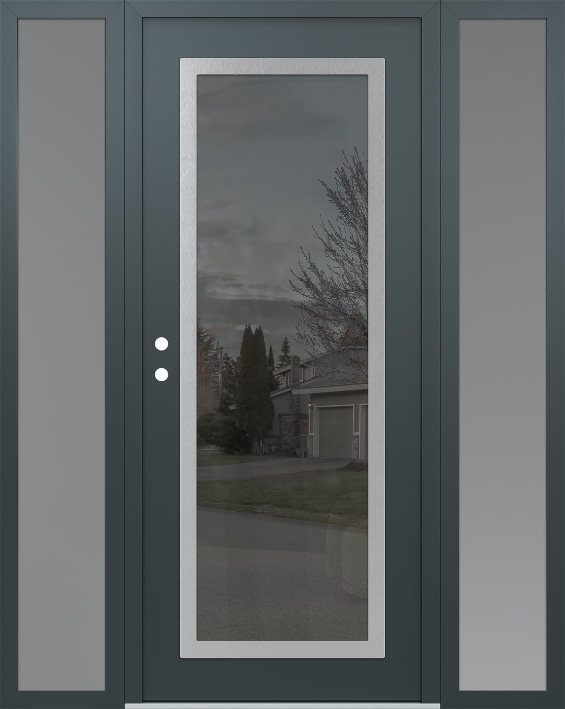 Modern Steel Front Door Diamond C1 64" x 80" anthracite/anthracite mirrored Glass Panel stainless steel RHI with 2 Sidelites frosted Glass
