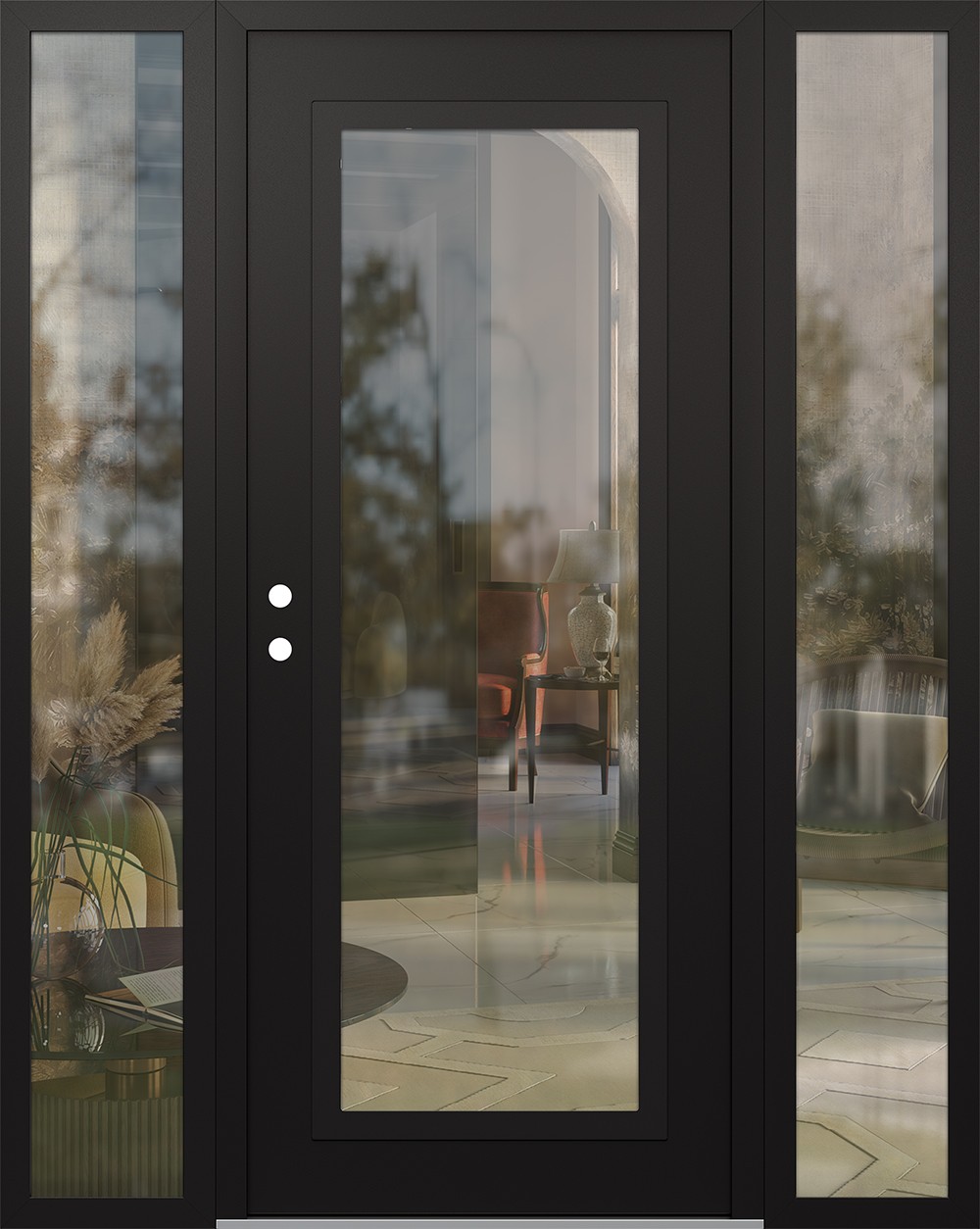 Modern Steel Front Door Diamond C1 64" x 80" black/black clear Glass Panel black RHI with 2 Sidelites clear Glass