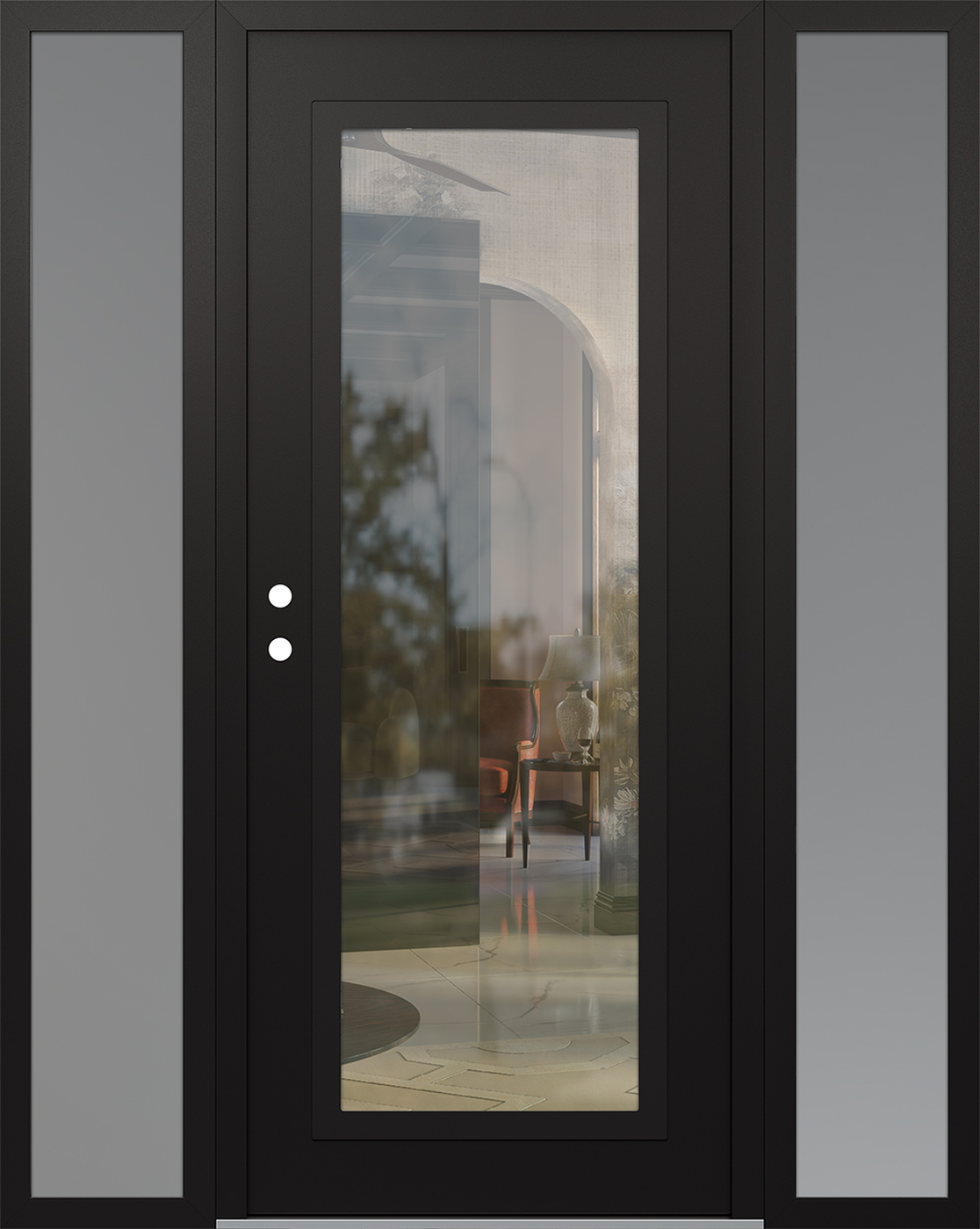 Modern Steel Front Door Diamond C1 64" x 80" black/black clear Glass Panel black RHI with 2 Sidelites frosted Glass